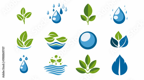 Abstract water and leaf icons set nature environment and ecology elements