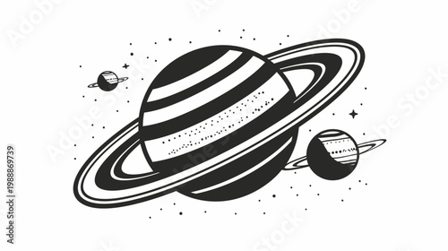 Black and white illustration of planet saturn and celestial bodies on white background