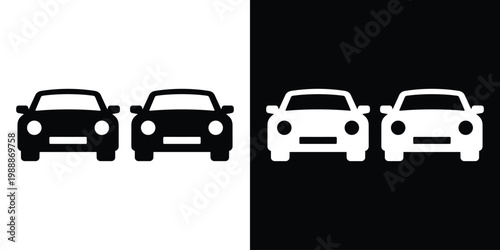 Front view of two modern passenger car icon. Clean minimalist flat vector design representing transportation, automotive industry, vehicle rental, and urban driving. Isolated on contrast backgrounds.