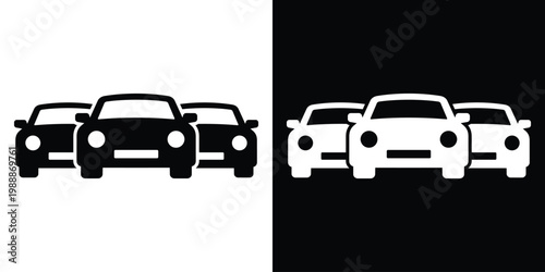 Two passenger cars in a row representing a fleet or traffic. Vector icon for car sharing, dealership, parking management, automotive sales, and transportation logistics. Black and white set.