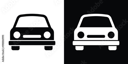 Front view of a modern passenger car icon. Clean minimalist flat vector design representing transportation, automotive industry, vehicle rental, and urban driving. Isolated on contrast backgrounds.