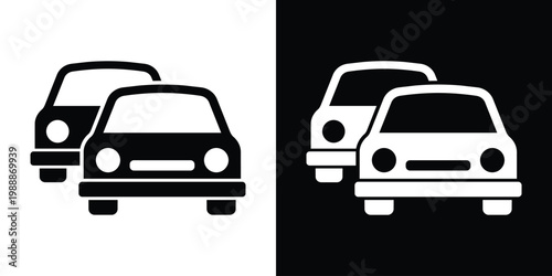 Two passenger cars in a row representing a fleet or traffic. Vector icon for car sharing, dealership, parking management, automotive sales, and transportation logistics. Black and white set.