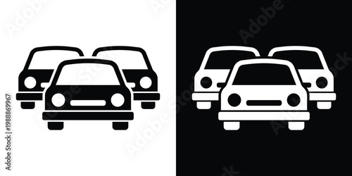 Two passenger cars in a row representing a fleet or traffic. Vector icon for car sharing, dealership, parking management, automotive sales, and transportation logistics. Black and white set.