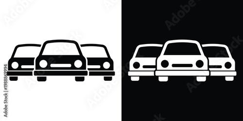 Two passenger cars in a row representing a fleet or traffic. Vector icon for car sharing, dealership, parking management, automotive sales, and transportation logistics. Black and white set.