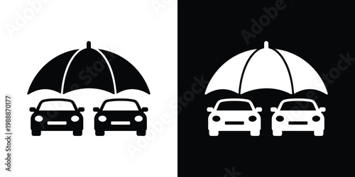 Two cars under an umbrella icon symbolizing vehicle insurance and protection. Vector graphic representing safety, security, coverage, risk management, and automotive care services.