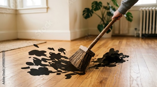 Broom Sweeping Away Shadow Problems Concept