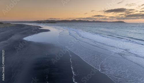 Canvas Print Aerial view of the rugged coastline and Tasman Sea at sunset, near Kawhia Hot Water Beach, Kawhia, Waikato, New Zealand