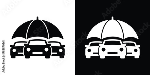 Two cars under an umbrella icon symbolizing vehicle insurance and protection. Vector graphic representing safety, security, coverage, risk management, and automotive care services.