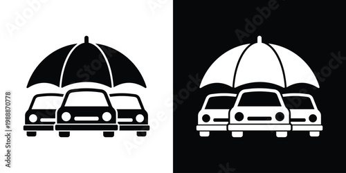 Two cars under an umbrella icon symbolizing vehicle insurance and protection. Vector graphic representing safety, security, coverage, risk management, and automotive care services.