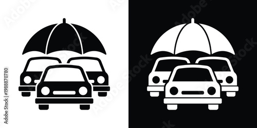 Two cars under an umbrella icon symbolizing vehicle insurance and protection. Vector graphic representing safety, security, coverage, risk management, and automotive care services.