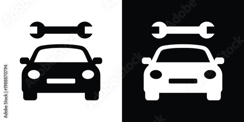 one cars with a wrench icon above them. Minimalist flat vector symbol representing automotive repair, fleet maintenance, garage service, and mechanical technical support. Black and white icons.