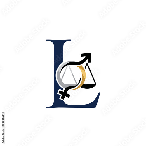 Letter L with Gender Symbols and Scales of Justice Emblem on Isolated White Background