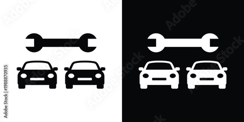 Two cars with a wrench icon above them. Minimalist flat vector symbol representing automotive repair, fleet maintenance, garage service, and mechanical technical support. Black and white icons.