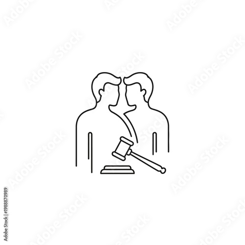 Two Human Figures with Gavel, Outline Concept of Legal Judgment and Dispute Resolution on Isolated White Background