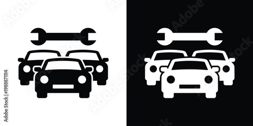 Two cars with a wrench icon above them. Minimalist flat vector symbol representing automotive repair, fleet maintenance, garage service, and mechanical technical support. Black and white icons.