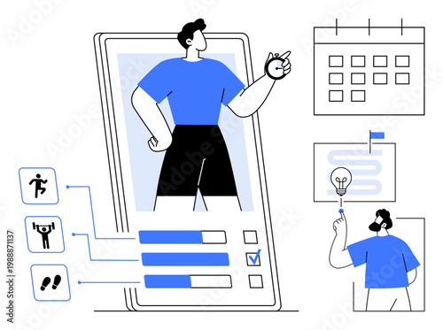 Fitness tracking, wellness improvement, goal planning, mobile apps, time management, scheduling, productivity. A smartphone interface with fitness options workout calendar and analytics. Fitness