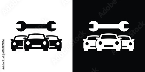 Two cars with a wrench icon above them. Minimalist flat vector symbol representing automotive repair, fleet maintenance, garage service, and mechanical technical support. Black and white icons.