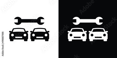 Two cars with a wrench icon above them. Minimalist flat vector symbol representing automotive repair, fleet maintenance, garage service, and mechanical technical support. Black and white icons.