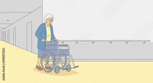 Elderly woman in wheelchair in hospital corridor, assisted living, healthcare, mobility aid