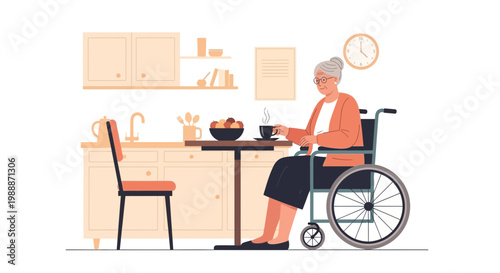 Elderly woman in wheelchair enjoying coffee at kitchen table, independence concept