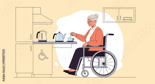 Elderly woman in wheelchair making tea in accessible kitchen, independence concept
