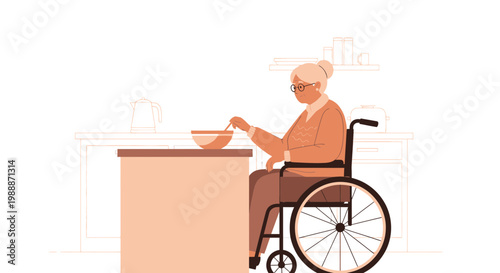 Elderly Woman in Wheelchair Preparing Food in Kitchen, Accessible Living