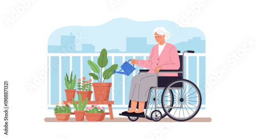 Elderly woman in wheelchair watering plants on balcony, enjoying hobby and nature