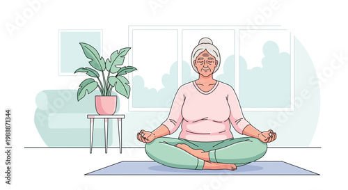 Elderly Woman Meditating in Lotus Pose at Home, Peaceful Senior Yoga Practice