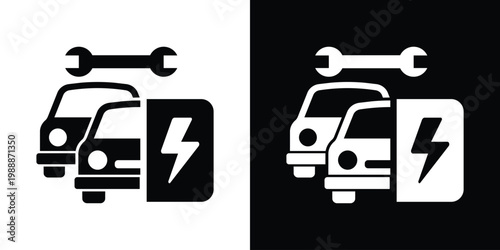 Two cars with a wrench icon above them. Minimalist flat vector symbol representing automotive repair, fleet maintenance, garage service, and mechanical technical support. Black and white icons.