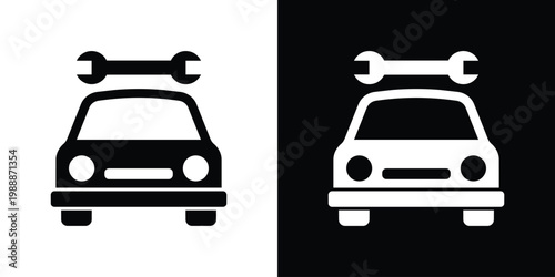 one cars with a wrench icon above them. Minimalist flat vector symbol representing automotive repair, fleet maintenance, garage service, and mechanical technical support. Black and white icons.