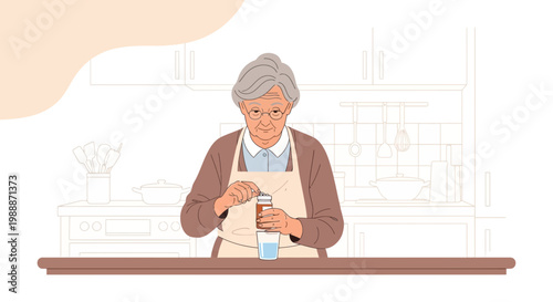 Elderly woman preparing medication in a glass of water at kitchen counter