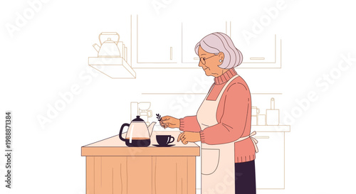 Elderly woman preparing tea in a cozy kitchen, enjoying a quiet morning moment.