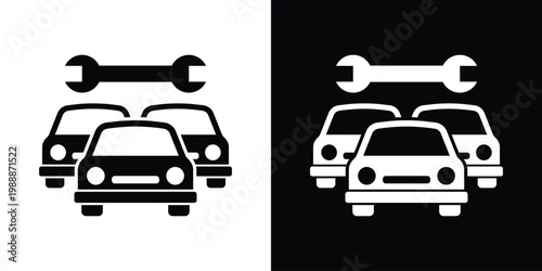 Two cars with a wrench icon above them. Minimalist flat vector symbol representing automotive repair, fleet maintenance, garage service, and mechanical technical support. Black and white icons.