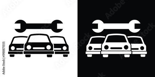 Two cars with a wrench icon above them. Minimalist flat vector symbol representing automotive repair, fleet maintenance, garage service, and mechanical technical support. Black and white icons.
