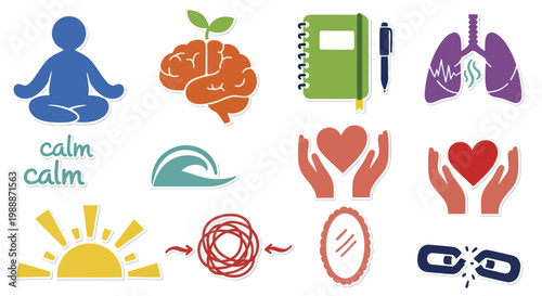 Collection of icons representing mental health, well-being, and personal growth concepts.