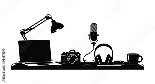 Black and white illustration of a content creator's workspace