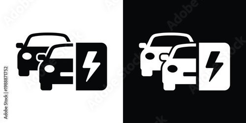 Electric car charging station icon featuring a vehicle and lightning bolt symbol. Represents eco-friendly transport, EV energy, sustainable technology, and green power solutions. Vector set.