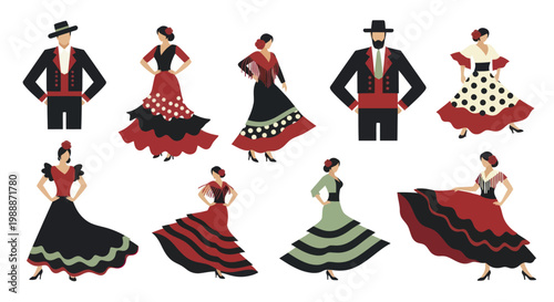 Collection of Spanish Flamenco Dancers in Traditional Attire.