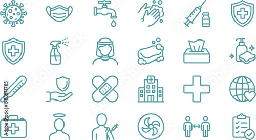 Medical icons for healthcare, hygiene, and protection against COVID-19 and other illnesses
