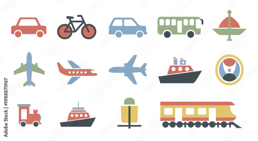 Fototapeta premium Collection of various colorful transportation vehicles for land air and sea travel.