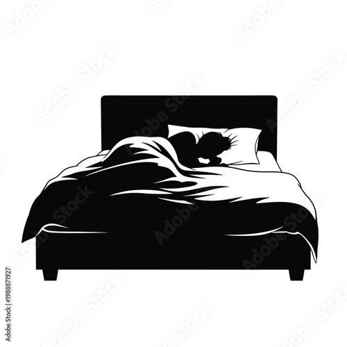 Silhouette of a person sleeping peacefully in a bed under blankets.