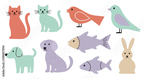 Collection of various domestic animals and pets in a flat design style.