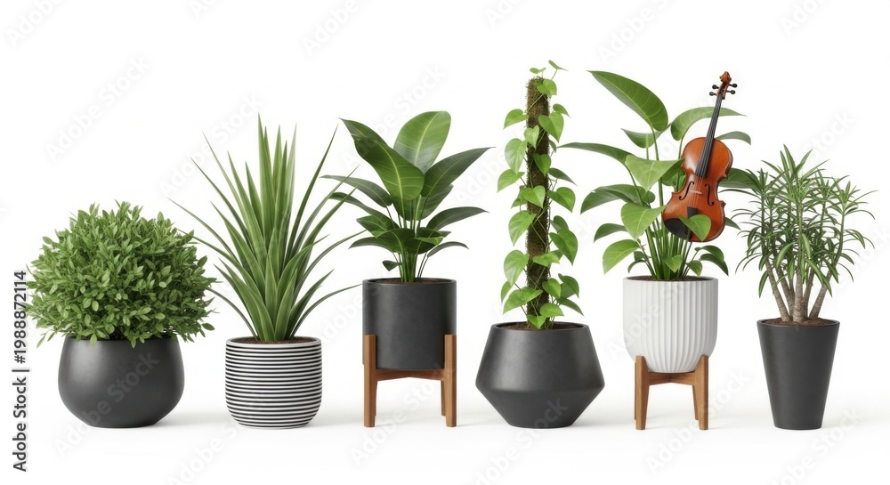 Fototapeta premium Assortment of Potted Houseplants and a Violin in a Studio Shot