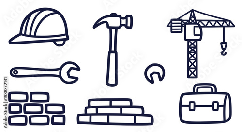 Construction tools and building materials doodle set.