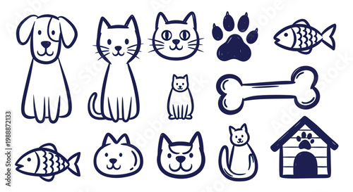 Cute Hand Drawn Pet Animals and Accessories Doodle Set.
