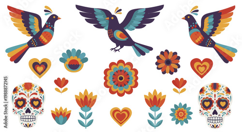 Colorful Mexican Folk Art Inspired Birds Flowers and Sugar Skulls.