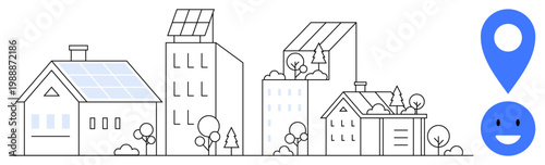 Renewable energy, eco-living, sustainable design, smart cities, renewable resources, eco-friendly neighborhoods. Buildings with solar panels and a blue location pin icon. Renewable energy