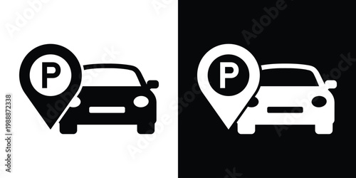 Car with a map pin and letter P icon. Represents parking lot location, GPS navigation for vehicles, urban parking services, and mobile app finder. Flat vector set on black and white backgrounds.