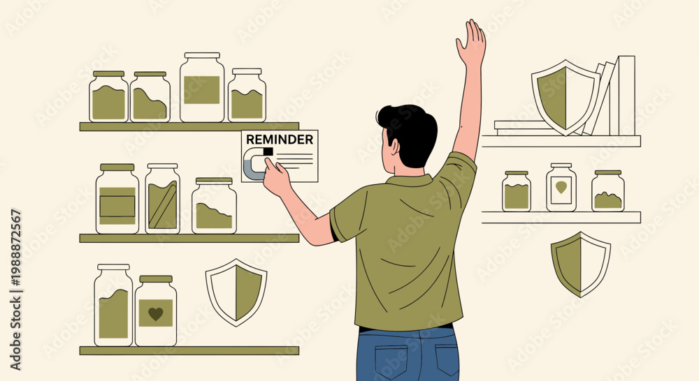 Fototapeta premium Man Setting Reminder on Digital Shelf with Jars and Shields, Organization Concept