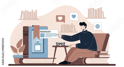 Man reading book with reminder, glasses, plant, and bookshelves background